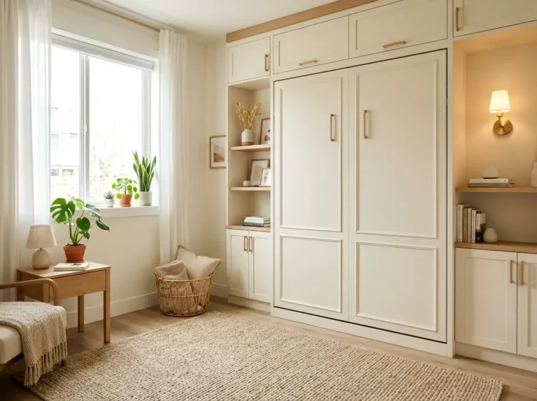 Modern small bedroom with a stylish Murphy bed and warm built-in storage