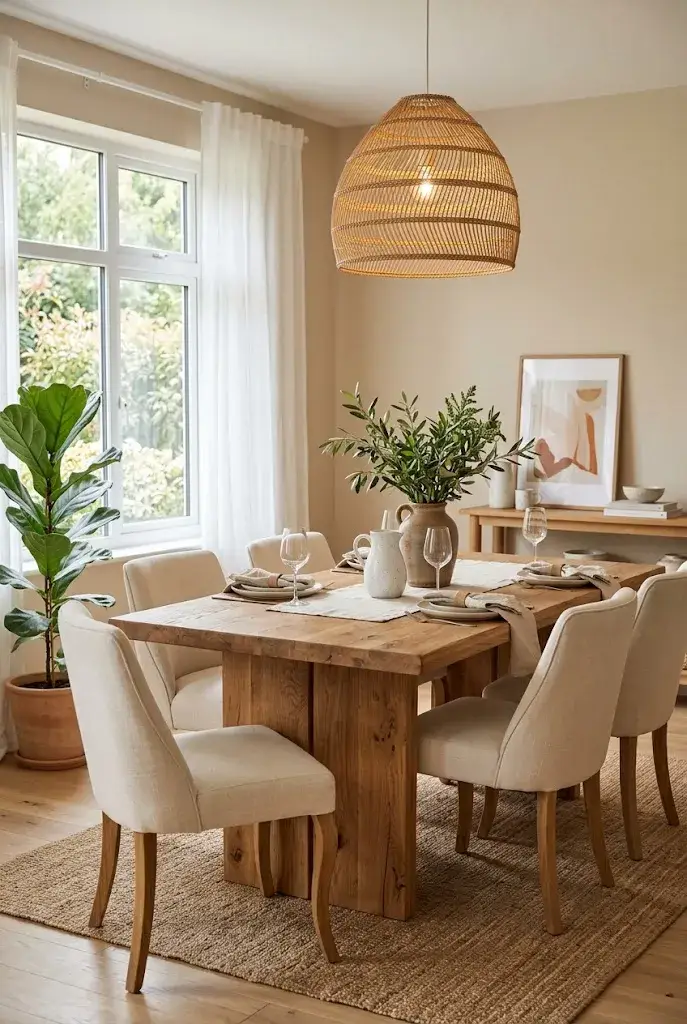 Natural wooden dining table with cream chairs and warm pendant lighting in a cozy dining room.