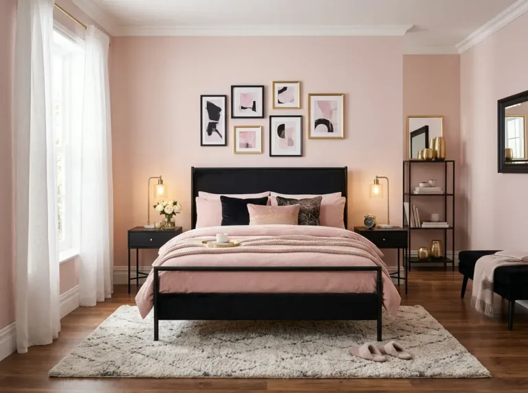 Pink and black bedroom with blush walls, black furniture, cozy bedding, and warm lighting.