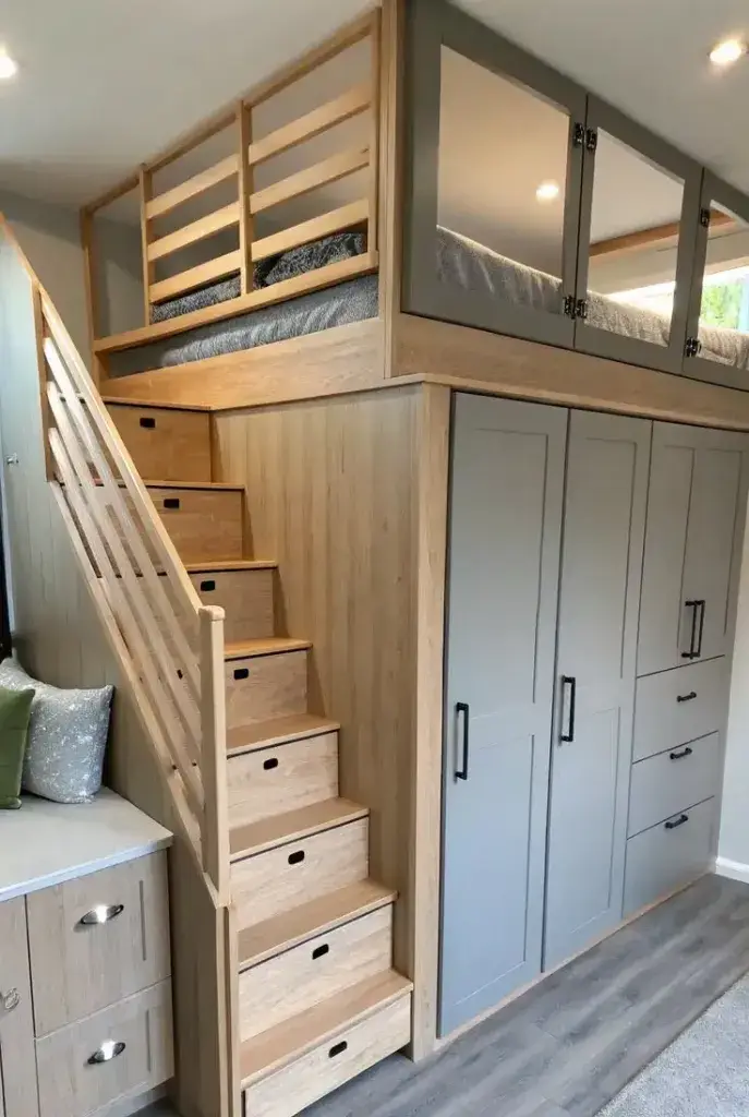 Loft bed with a built in wardrobe for bedroom storage