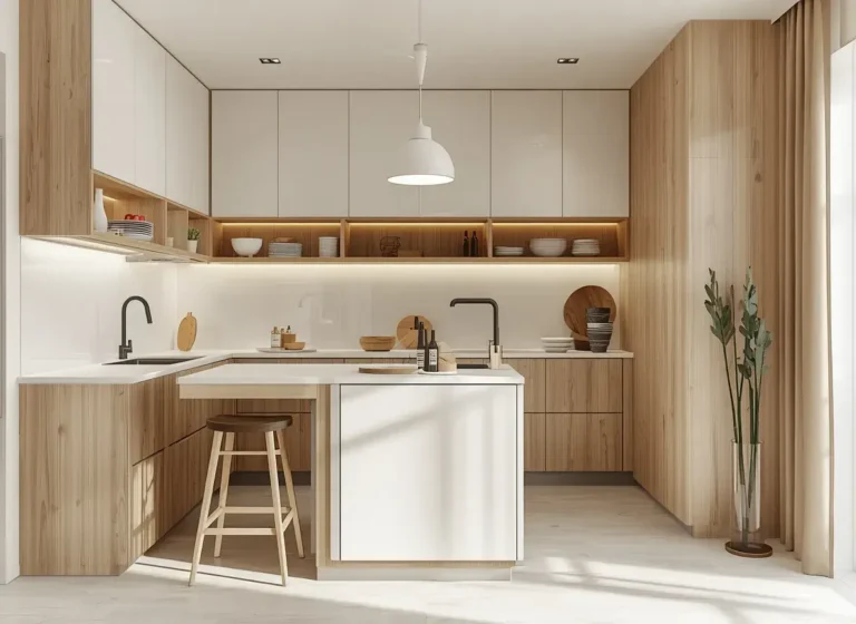 Small modern kitchen with warm white cabinets, natural wood accents, compact island, open shelving, and bright lighting.