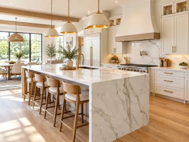 Stunning waterfall island kitchen with white quartz countertops, modern cabinetry, and elegant lighting.