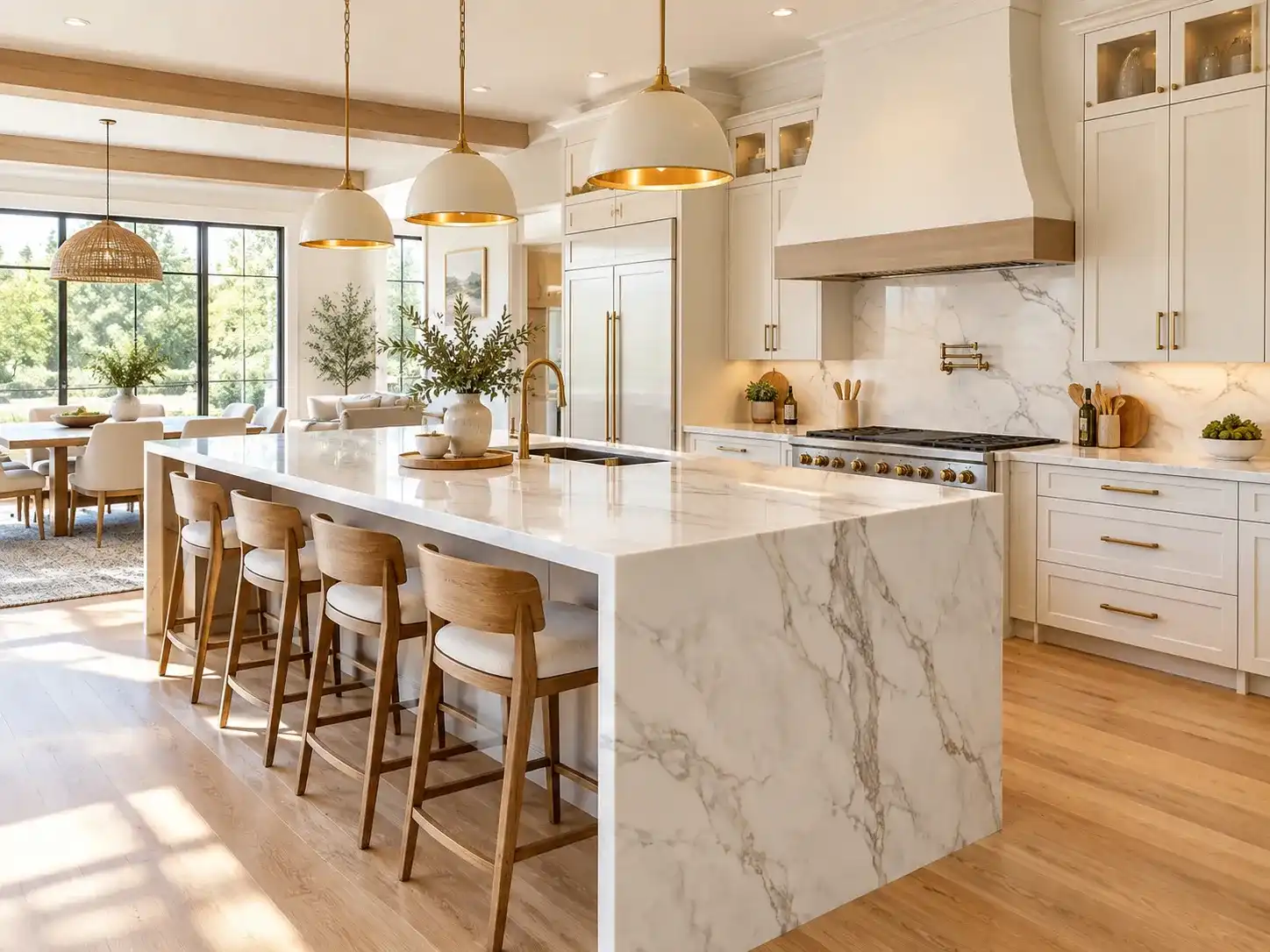 Stunning waterfall island kitchen with white quartz countertops, modern cabinetry, and elegant lighting.