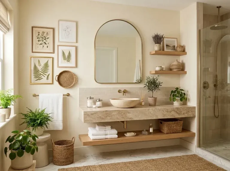 Stylish bathroom featuring botanical artwork, wood shelves, woven wall decor, and an elegant round mirror.