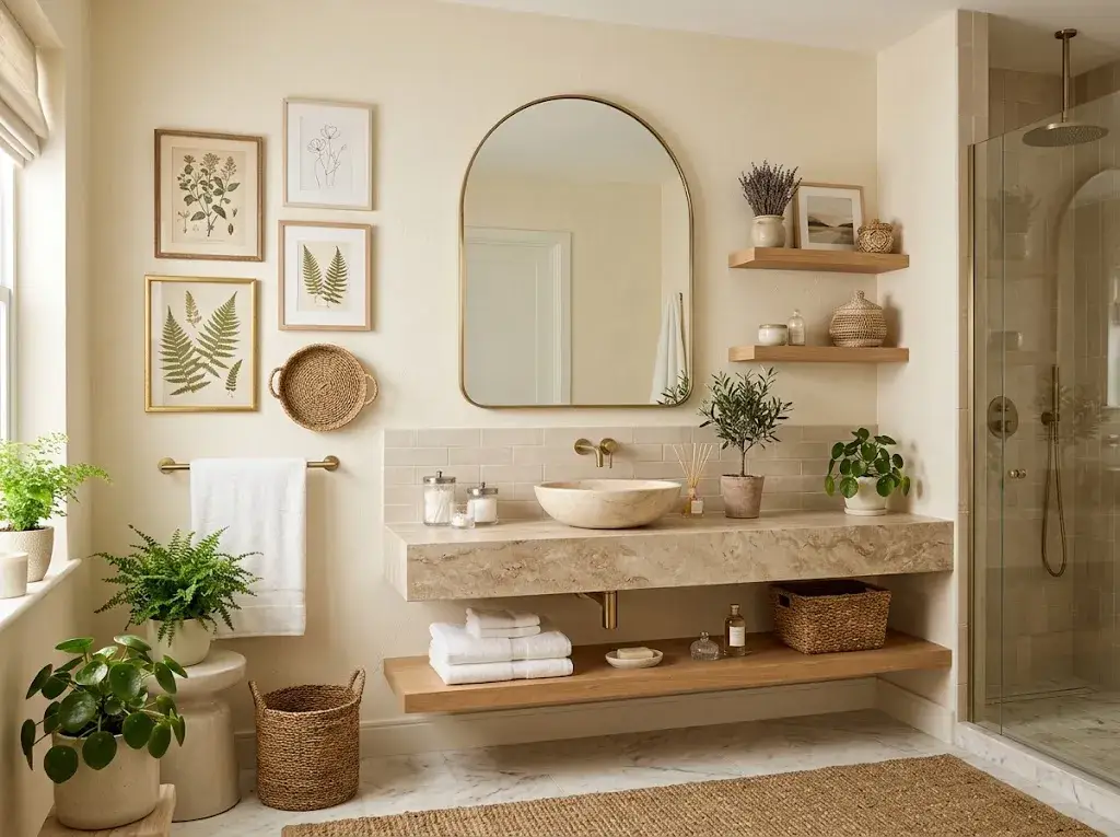 Stylish bathroom featuring botanical artwork, wood shelves, woven wall decor, and an elegant round mirror.
