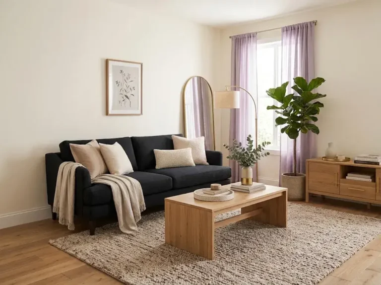 Stylish black couch living room with cream walls, neutral textures, natural wood, and warm lighting.