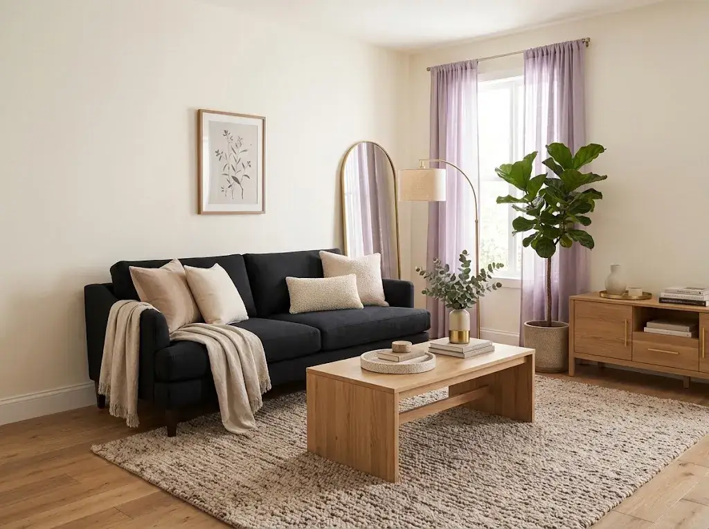Stylish black couch living room with cream walls, neutral textures, natural wood, and warm lighting.