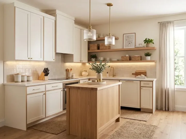 Stylish compact apartment kitchen with warm white cabinets, wood accents, open shelving, and soft lighting.