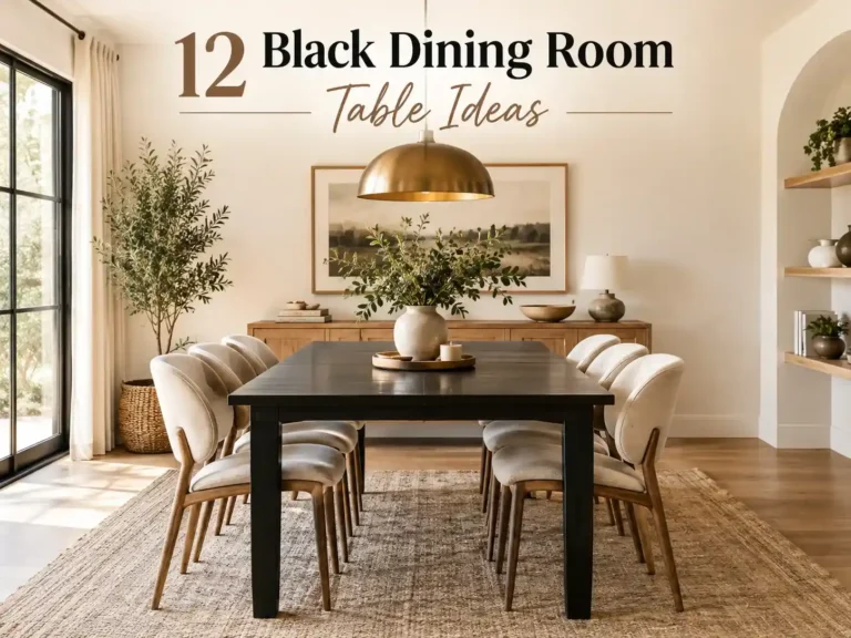 Stylish dining room featuring a black dining table with warm wood accents, neutral decor, greenery, and elegant lighting.