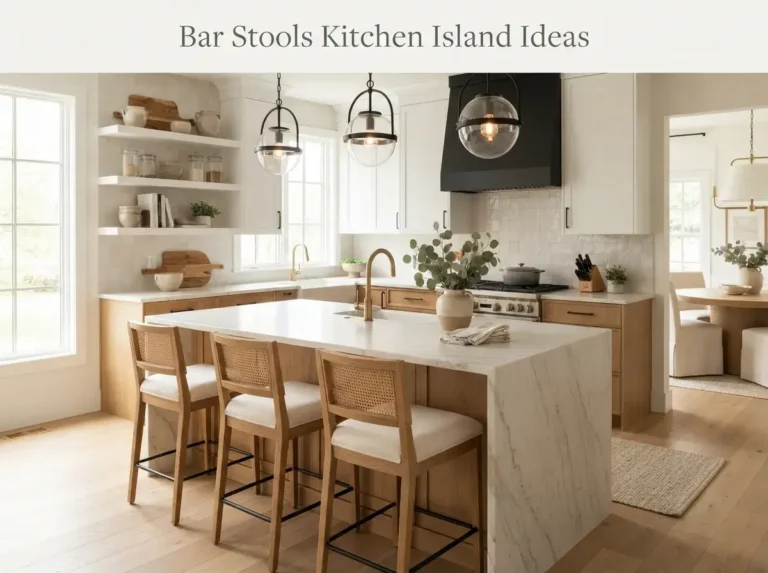 Stylish kitchen island with comfortable bar stools in a warm neutral interior.