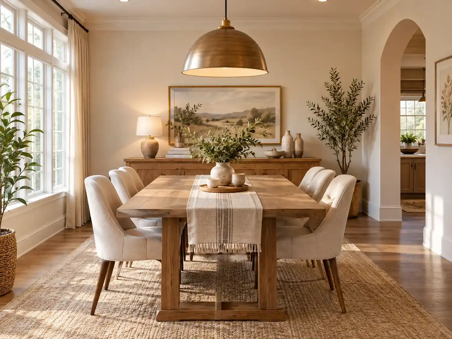Warm and elegant dining room with a wooden table, cream chairs, pendant lighting, greenery, and neutral decor.