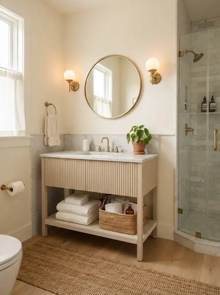 Warm and welcoming guest bathroom with neutral decor and natural textures