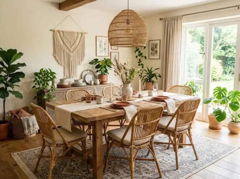 Warm boho dining room with natural wood furniture, woven textures, plants, earthy colors, and cozy decor.