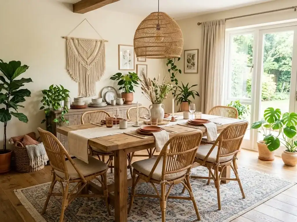 Warm boho dining room with natural wood furniture, woven textures, plants, earthy colors, and cozy decor.