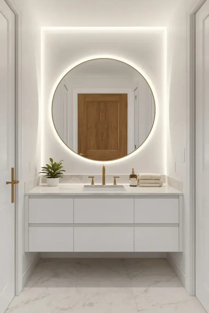 A large rounded statement mirror creates a focal point in a white bathroom.