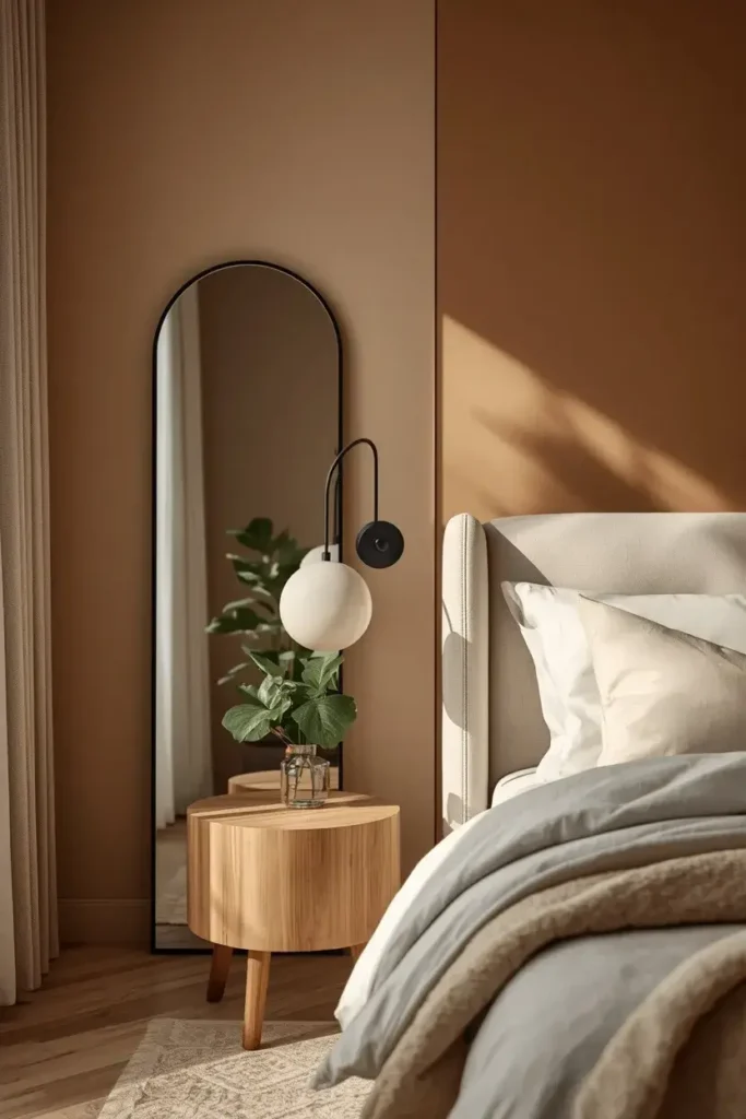Arched black framed mirror beside a cream bed in a soft modern bedroom.