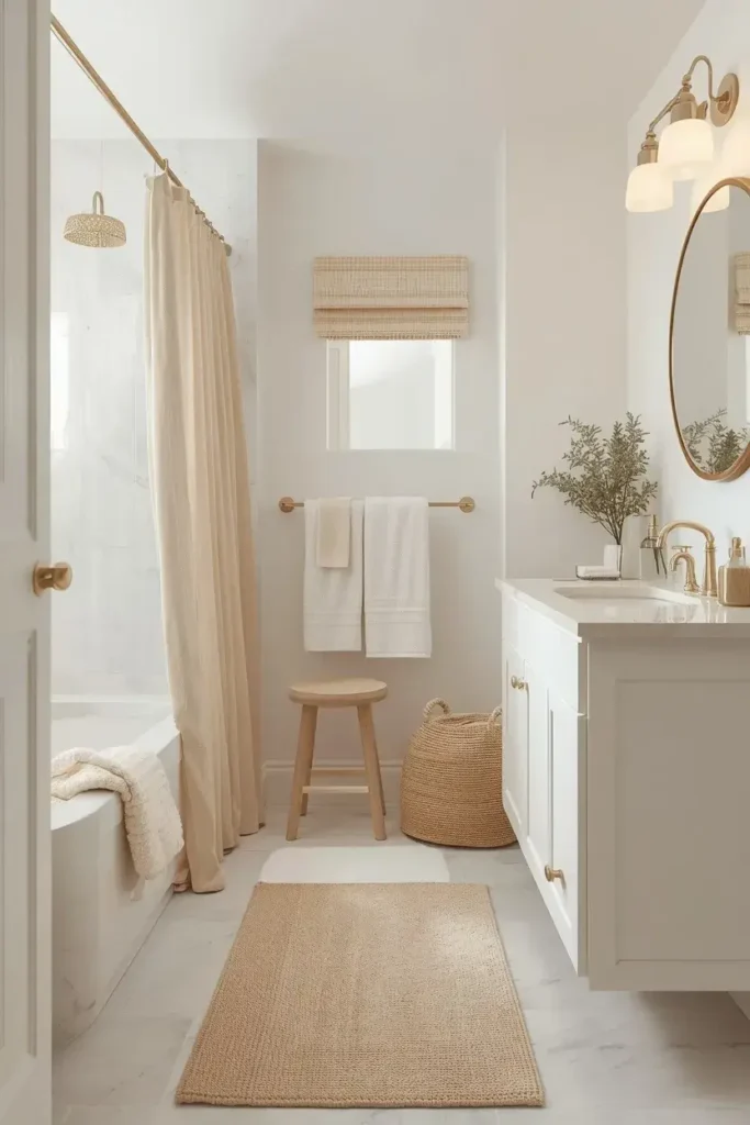 Beige and cream accents make a white bathroom feel warm and inviting.