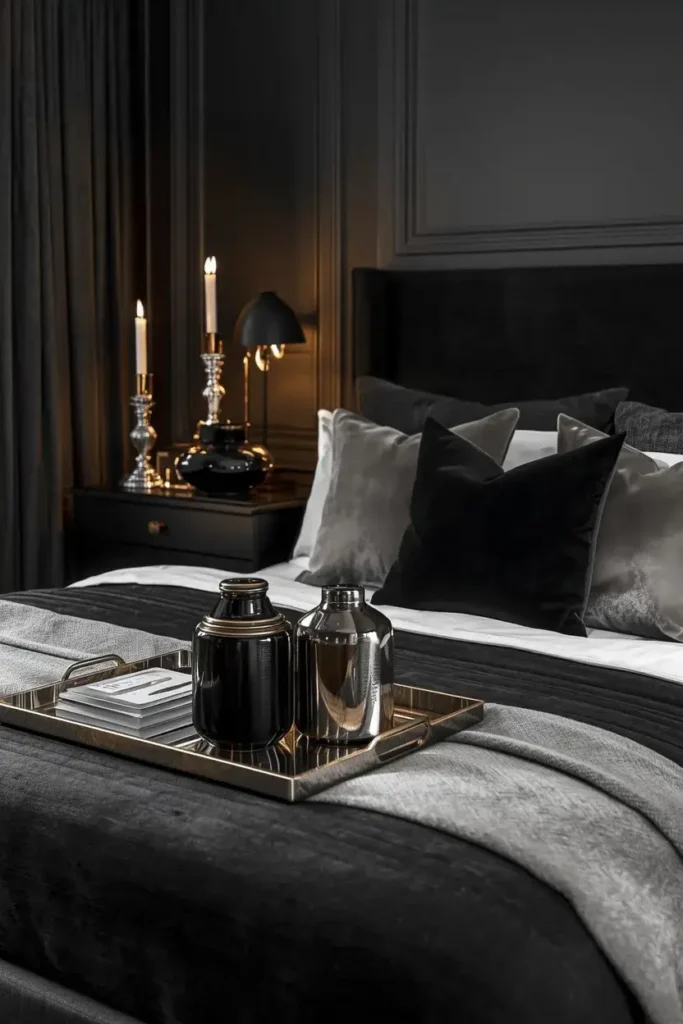 Black and silver bedroom finished with elegant metallic and soft gray accessories.