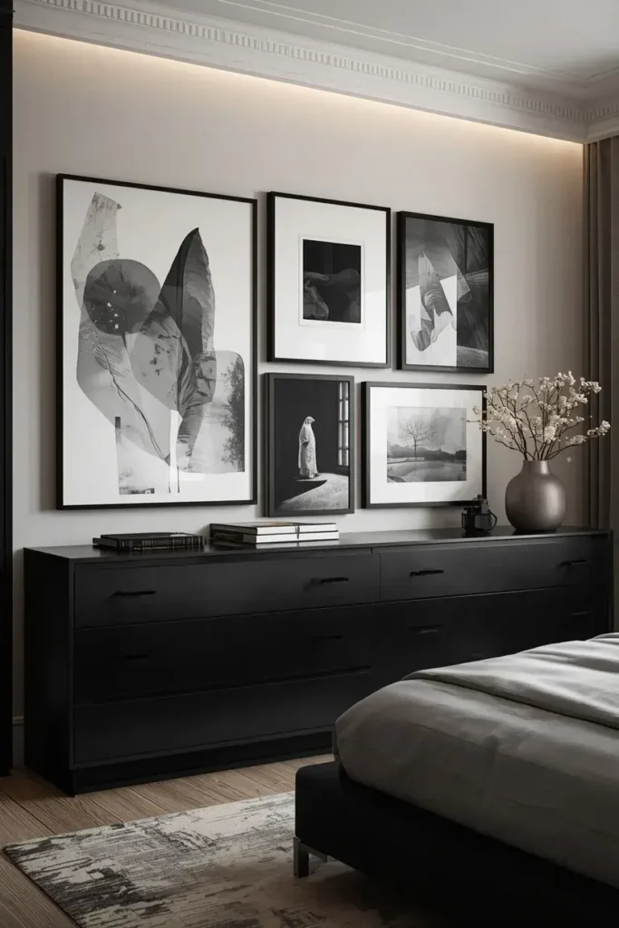 Black and silver gallery wall featuring monochromatic artwork above a dresser.