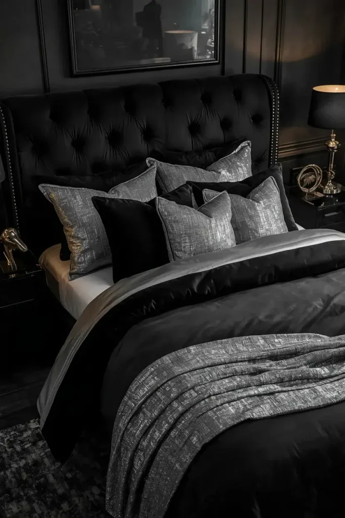 Black bed layered with silver and charcoal bedding in an elegant bedroom.