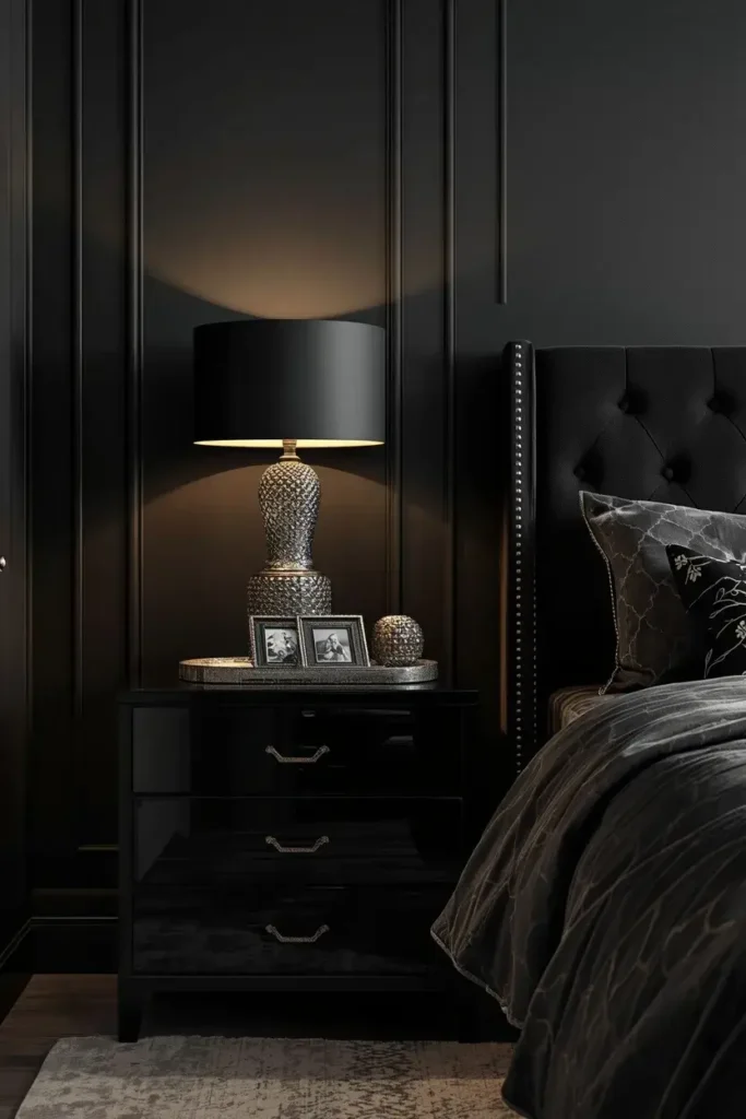 Black nightstands styled with elegant silver lamps and decorative accents.