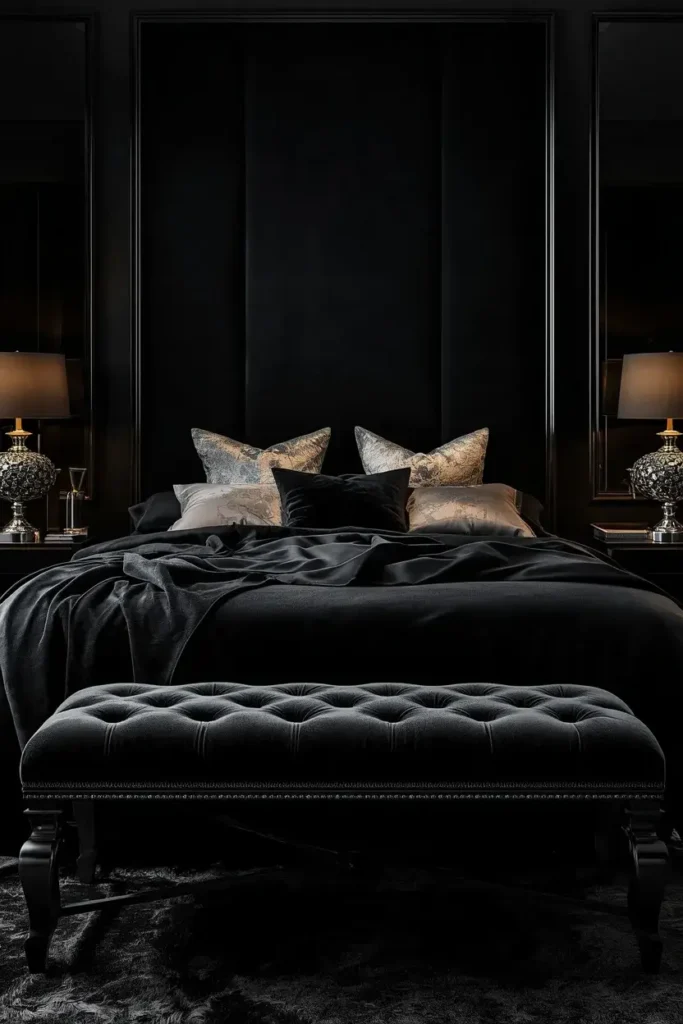 Black velvet bench and cushions adding rich texture to a luxury bedroom.