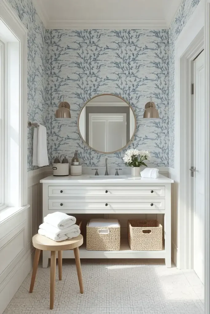 Blue and white coastal wallpaper bathroom with white vanity, woven accents, and light wood details.