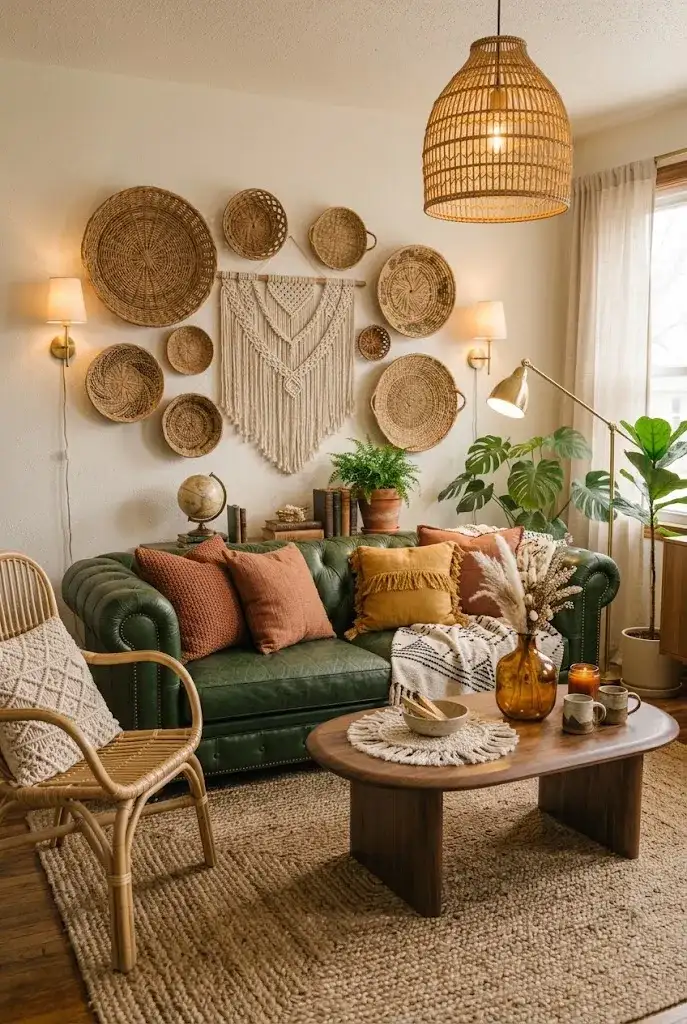 Boho living room with green leather sofa, jute rug, rattan chair, terracotta cushions, and natural woven decorations