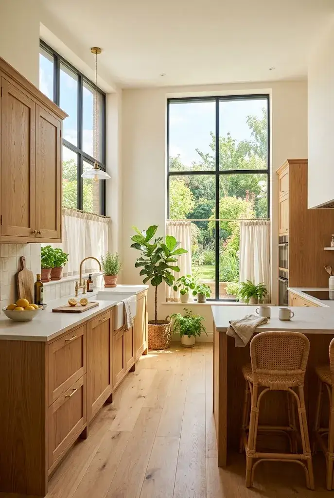 Bright kitchen with natural wood cabinets, large windows, and abundant natural light.