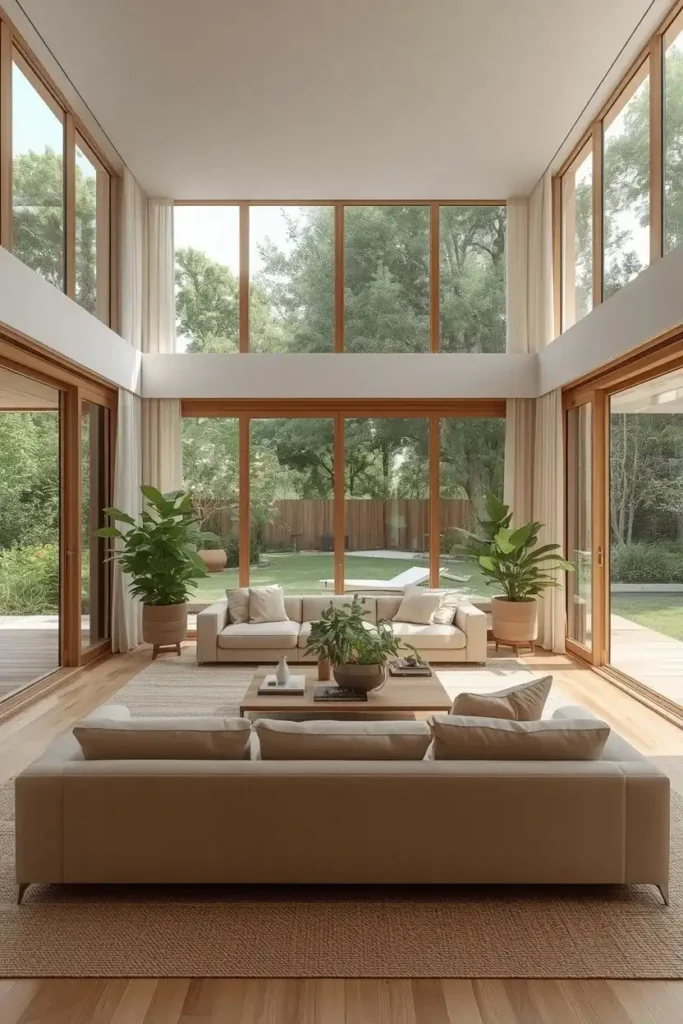 Bright sunken living room with floor-to-ceiling windows overlooking a lush garden.