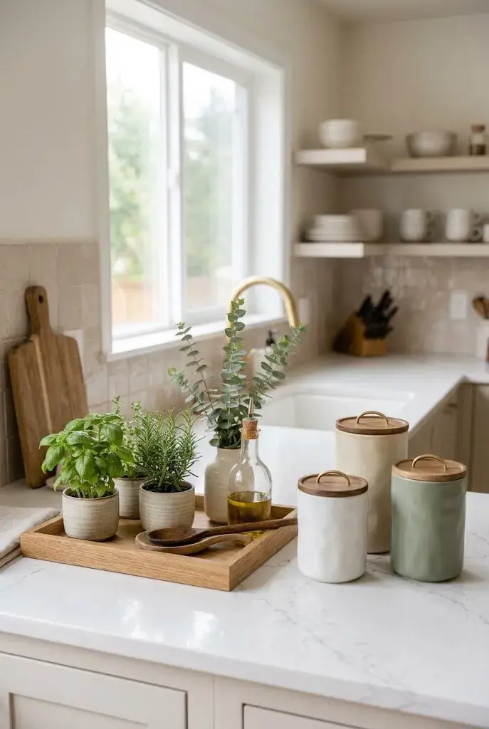 Ceramic canisters arranged stylishly on a neutral kitchen counter.