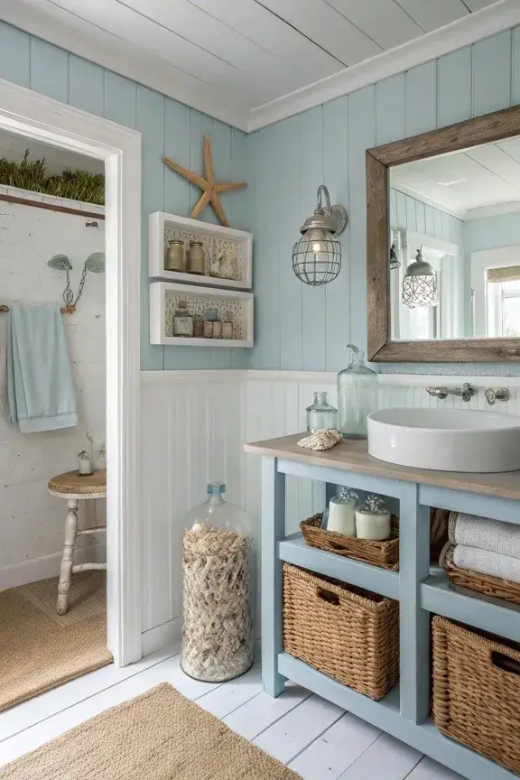Coastal light blue bathroom with white finishes, natural wood, woven baskets, linen towels, and seaside-inspired decor.