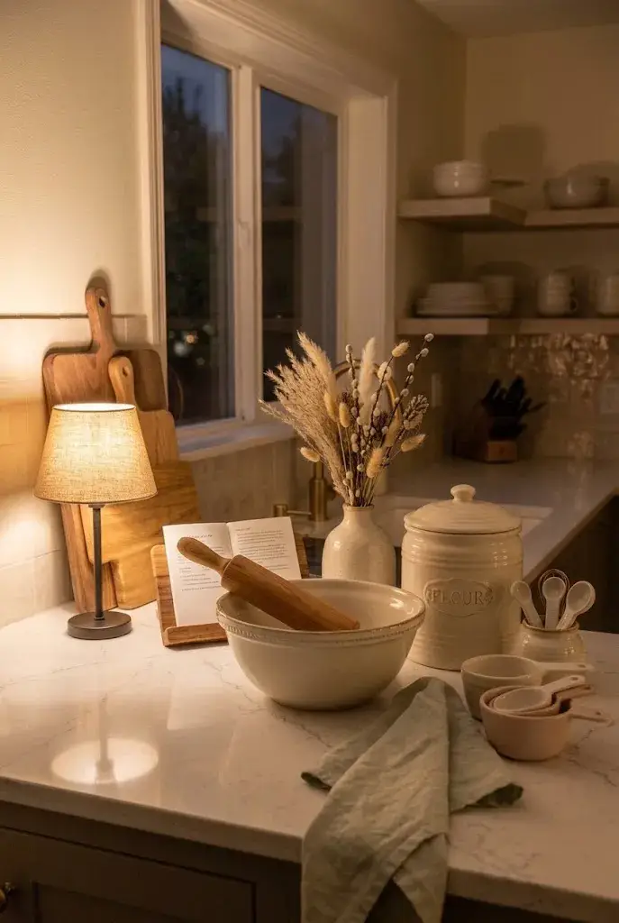 Cozy baking corner with ceramic bowl and wooden baking tools on a kitchen counter.