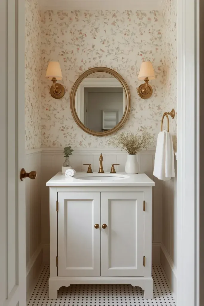 Cozy bathroom with small floral wallpaper, white vanity, brass fixtures, and soft cottage-inspired décor.