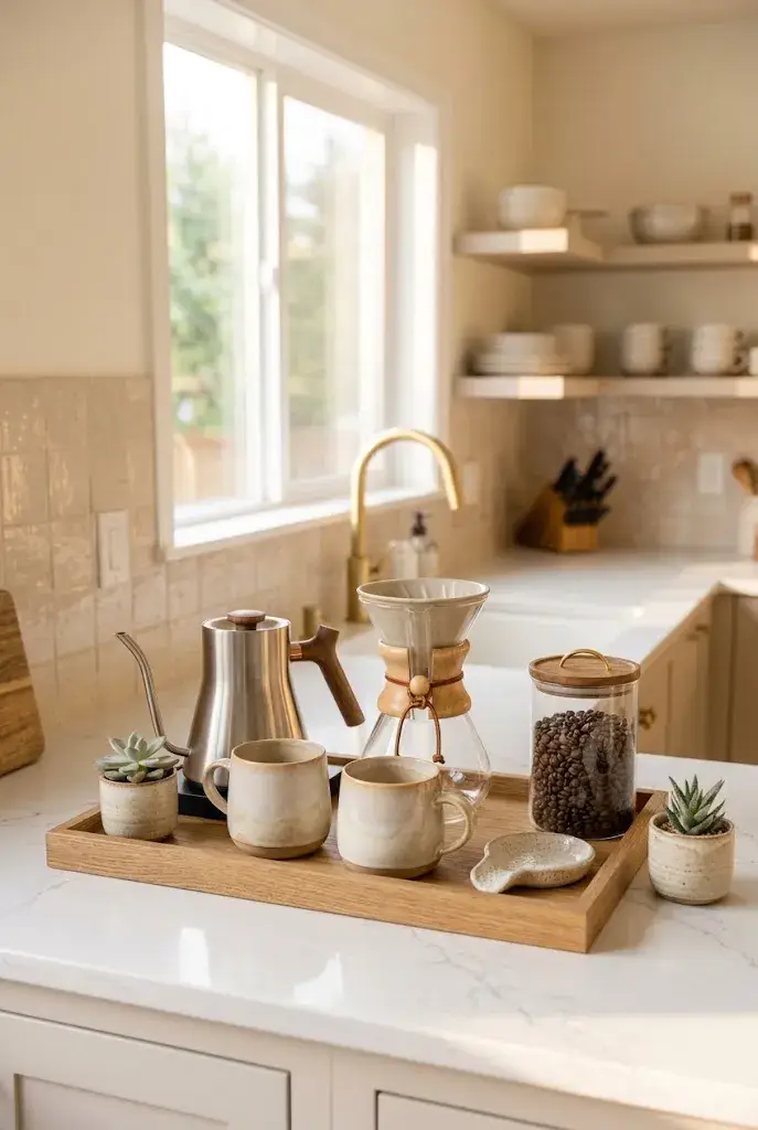 Cozy coffee station with mugs and coffee essentials on a kitchen counter.