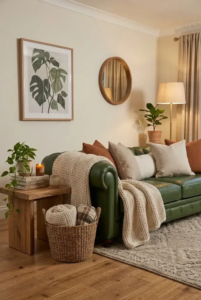 Cozy green leather couch living room with cream knitted throw, rust cushions, beige rug, and layered natural textures.