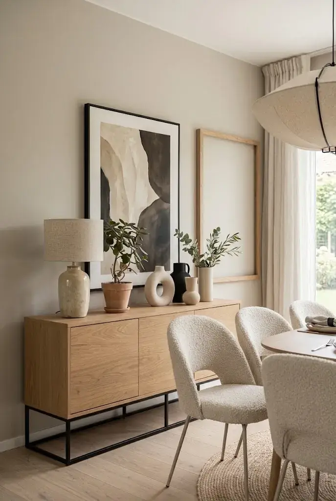 Cozy modern dining room with layered wood, linen, boucle, and woven textures