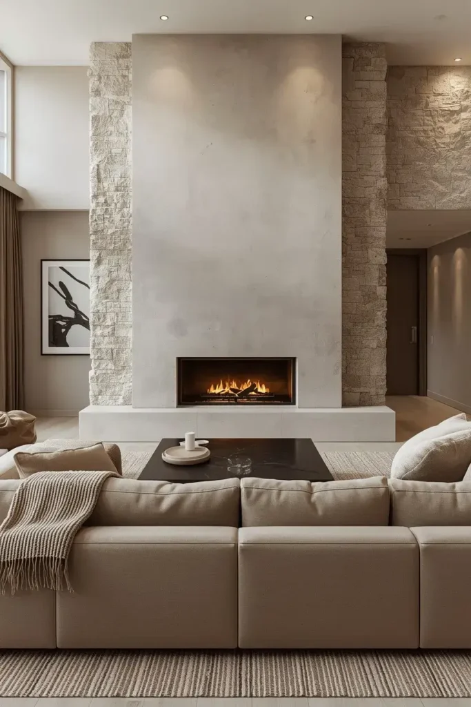 Cozy sunken living room with a modern fireplace, beige sectional, and warm lighting.
