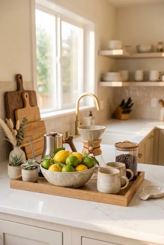 Decorative bowl filled with lemons and limes on a kitchen counter.