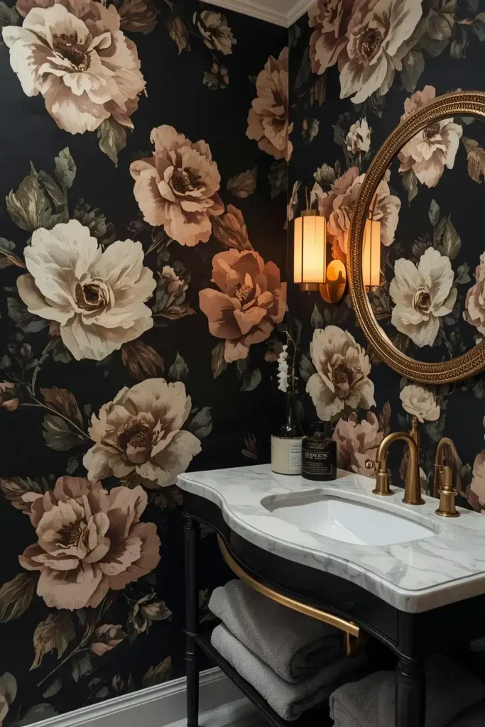 Dramatic black floral wallpaper bathroom with marble vanity, brass fixtures, and warm elegant lighting.