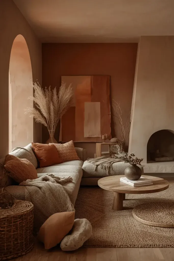 Earthy sunken living room with olive, caramel, clay tones and layered natural textures.