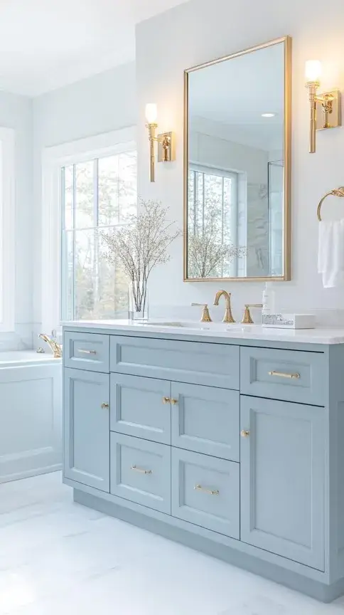 Elegant light blue bathroom with white marble countertop, gray veining, brass fixtures, and soft warm lighting.