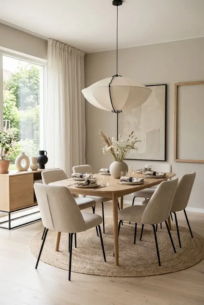  Elegant modern dining room in a soft cream, beige, and neutral color palette.