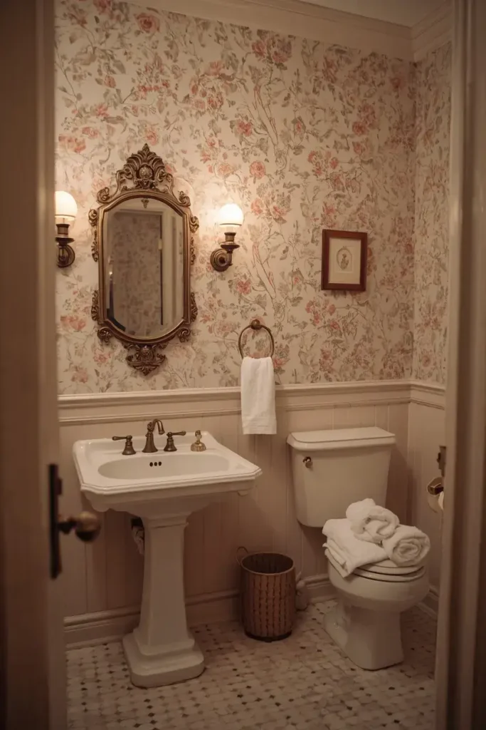 Elegant vintage bathroom with floral wallpaper, pedestal sink, antique mirror, and warm brass lighting.