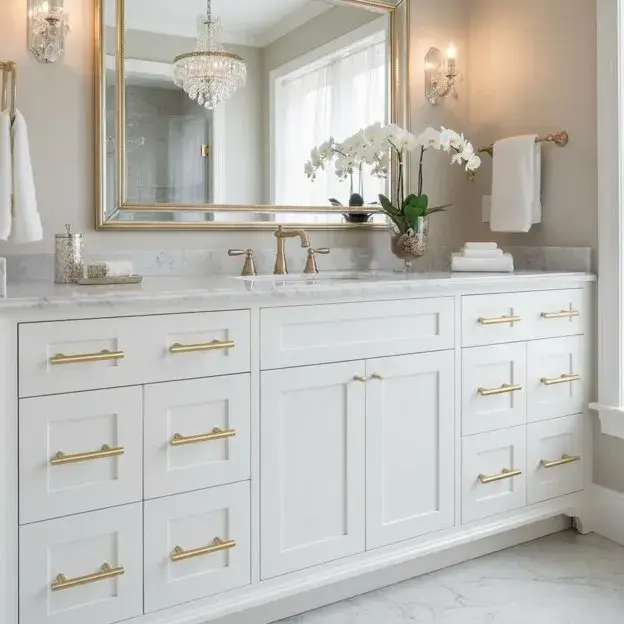 Elegant white bathroom cabinets with marble countertops, gold handles, and warm lighting in a bright bathroom.
