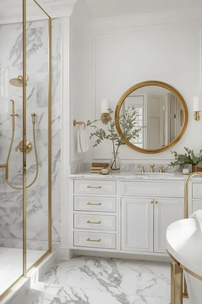 Elegant white bathroom with brushed brass fixtures and marble accents.