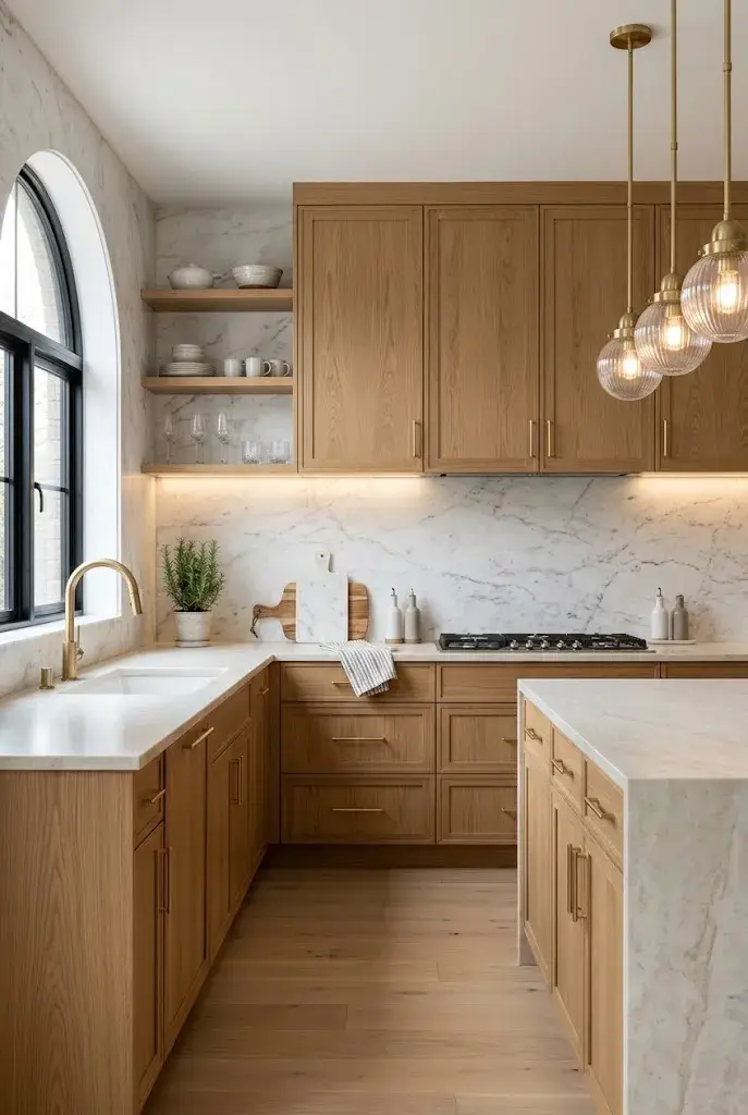 Elegant wood cabinet kitchen with a full-height white marble backsplash.