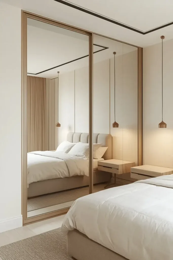 Floor-to-ceiling mirrored wardrobe doors making a compact bedroom look spacious.
