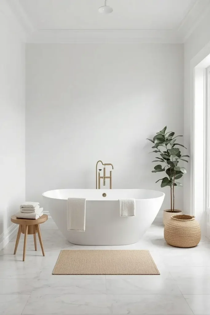 Freestanding white bathtub creates a luxurious focal point in a bright bathroom.