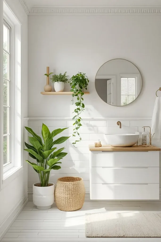 Fresh green plants add natural color and warmth to a white bathroom